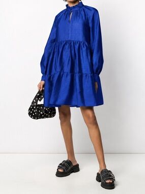 Stine Goya Jasmine Indigo Tiered Mini Dress Size L Ruffle Collar
